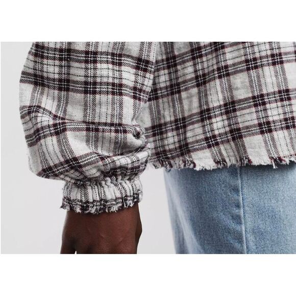 Gilded Intent Women’s L Frayed Flannel Shirt Plaid black, gray, burgundy NWT - Picture 3 of 13